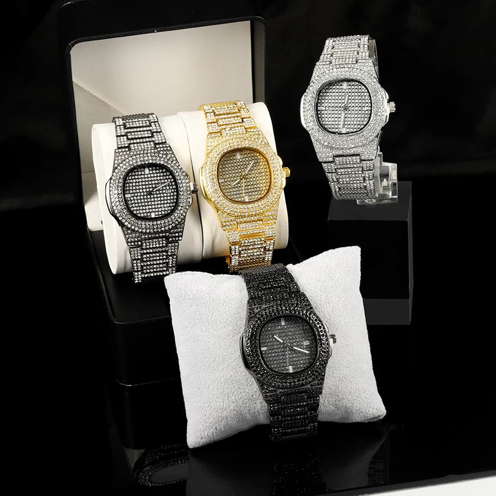 1pc men's watch icy hip-hop punk quartz full of diamonds wrist watch bundled regulator elegant size gift box for parties