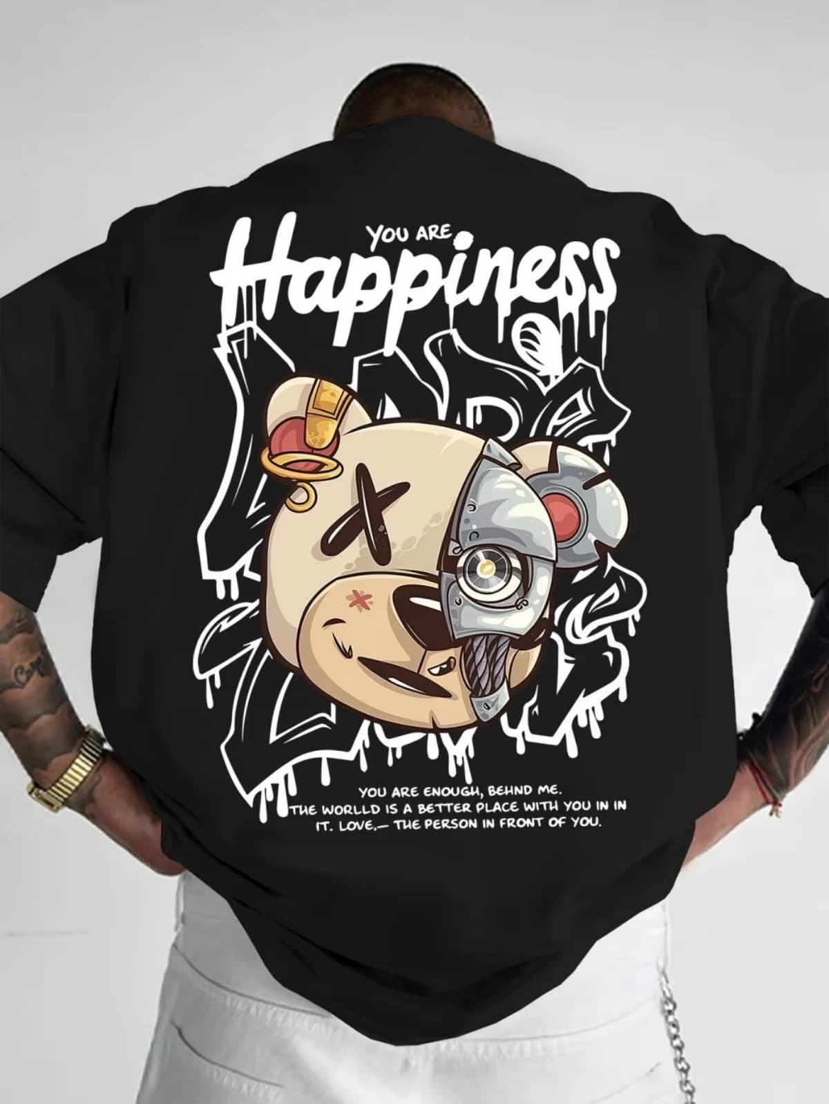 2026 New Men's Personalized Graffiti Bear Letter 3D Printed Breathable and Comfortable Round Neck T-shirt Outdoor High Street To