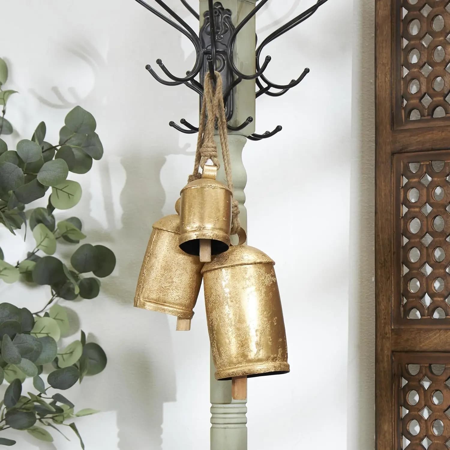 Metal Decorative Cow Bells Tibetan Inspired with Jute Hanging Rope, Set of 3 10",8",6"H, Gold