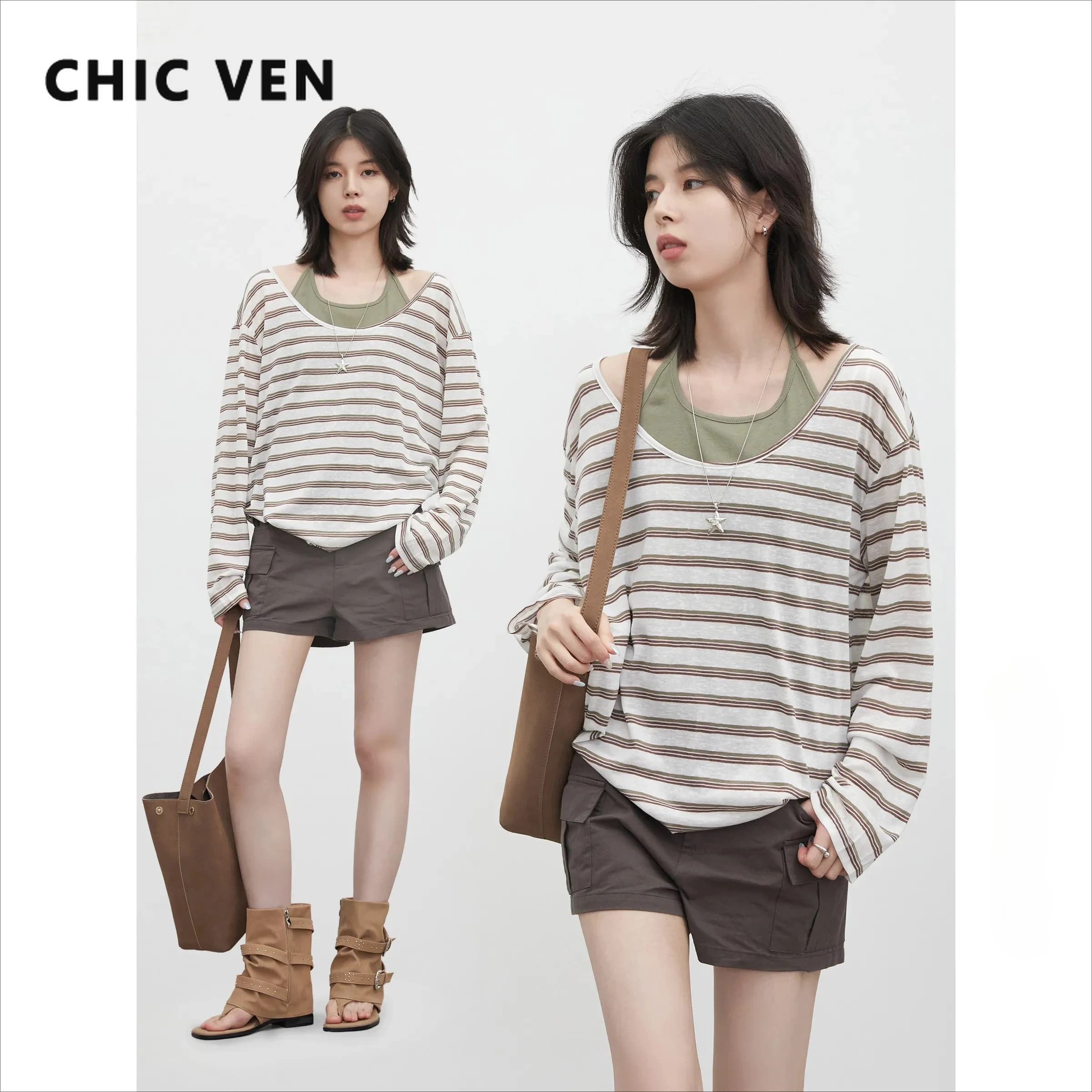CHIC VEN Women's Fashion Sets Korean Casual Loose U-neck Striped Sunscreen Hoodies Tops Fashion Basic Thin Tanks Summer New 2026