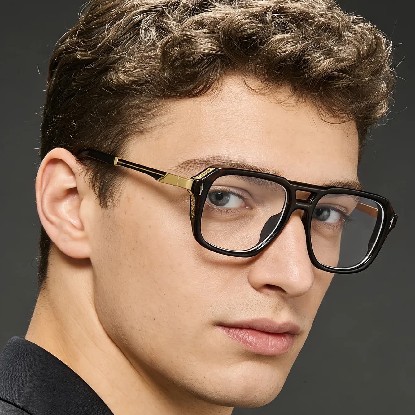 Men's fashionable retro double-beam metal glasses with a high-end black and gold contrast texture, metal inlaid temple arms, elegant business style, perfect decorative frames for office and commuting, perfect holiday gifts
