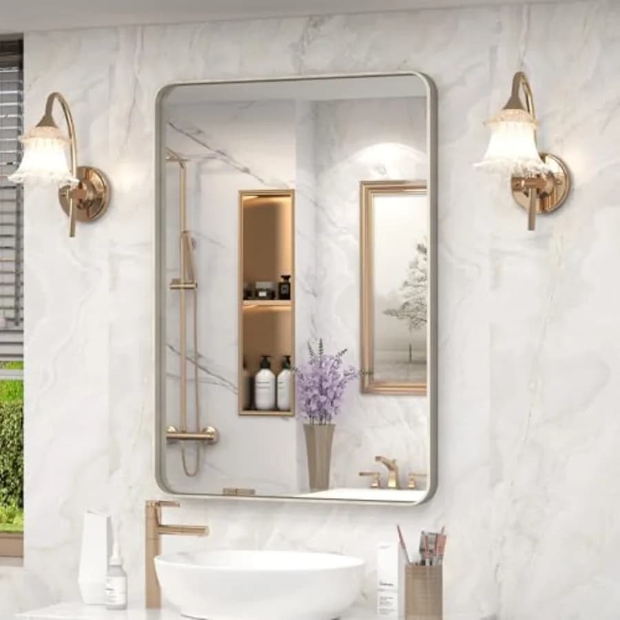 Specchio da Bagno 20x30 Pollici in Nichel Spazzolato, Specchio da Parete con Cornice in Metallo Spazzolato, Angoli Arrotondati, Rettangolare, Moderno, Temperato