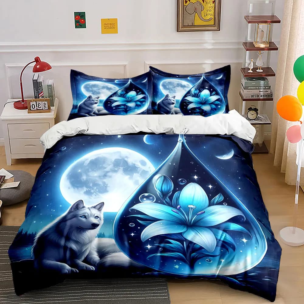 Set di biancheria da letto Moonlit Wolf and Flower con 1 copripiumino e 2 federe, singolo, matrimoniale, king, queen, regalo