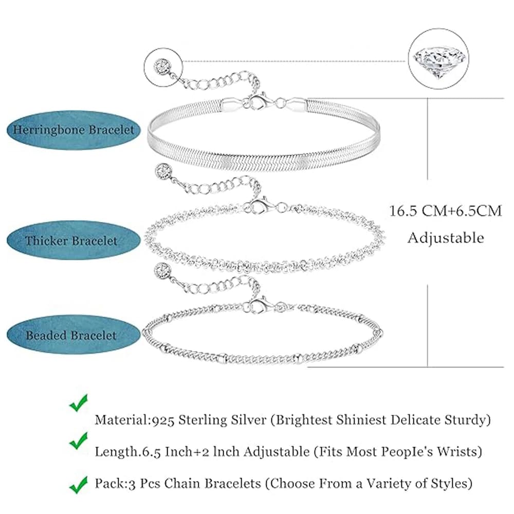 Layered Dainty Link Chain 925 Sterling SilverAdjustable Stackable Beaded Bracelets for Women Girls