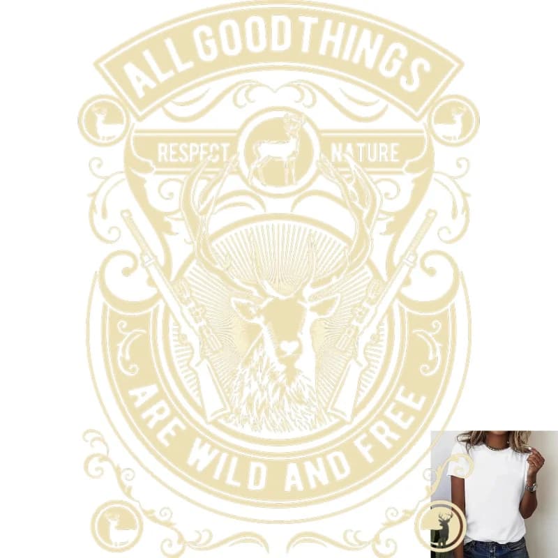 Vintage Deer & Guns Pattern Heat - Transfer White Ink Iron - on, Suitable for T - Shirts/Canvas Bags/Clothes, Outdoor Casual
