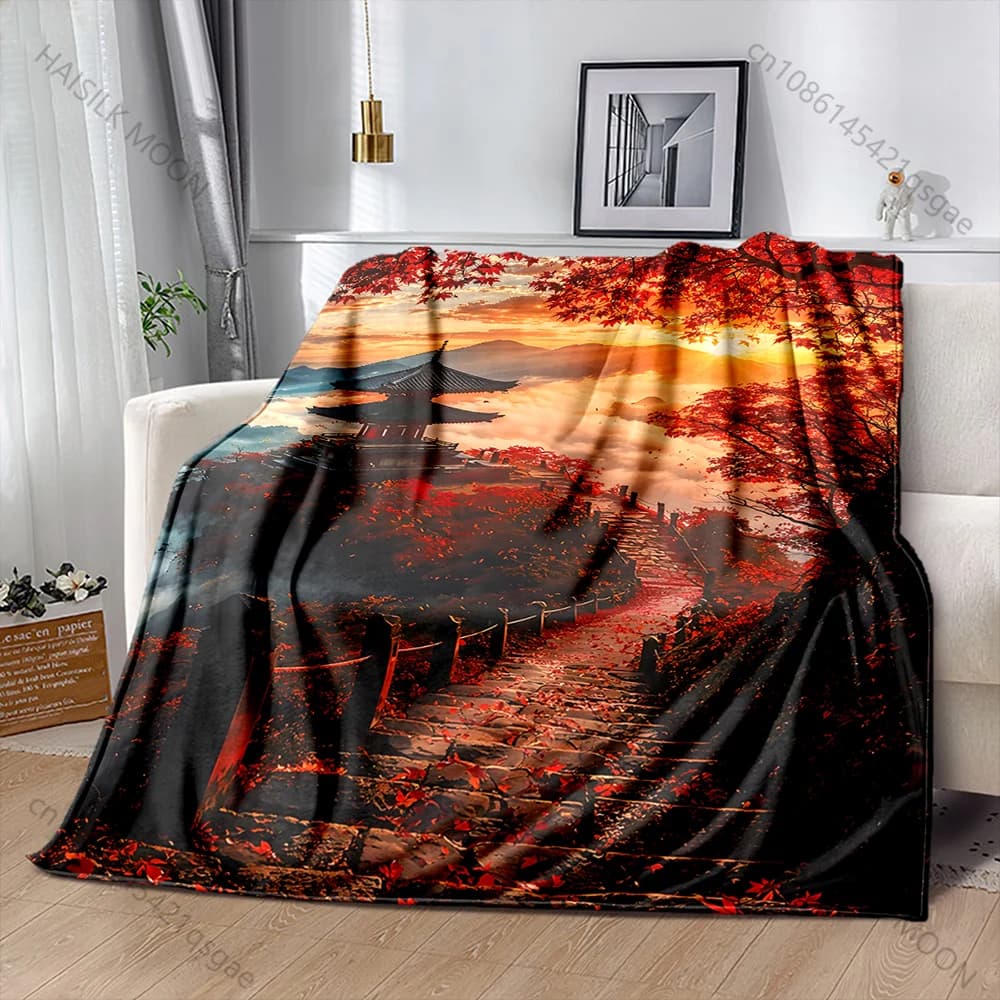 Tempio giapponese nel crepuscolo autunnale, stampa con immagine di un alba, coperte calde per adulti e bambini, per casa, viaggi, auto, morbide e confortevoli, adatte a tutte le stagioni