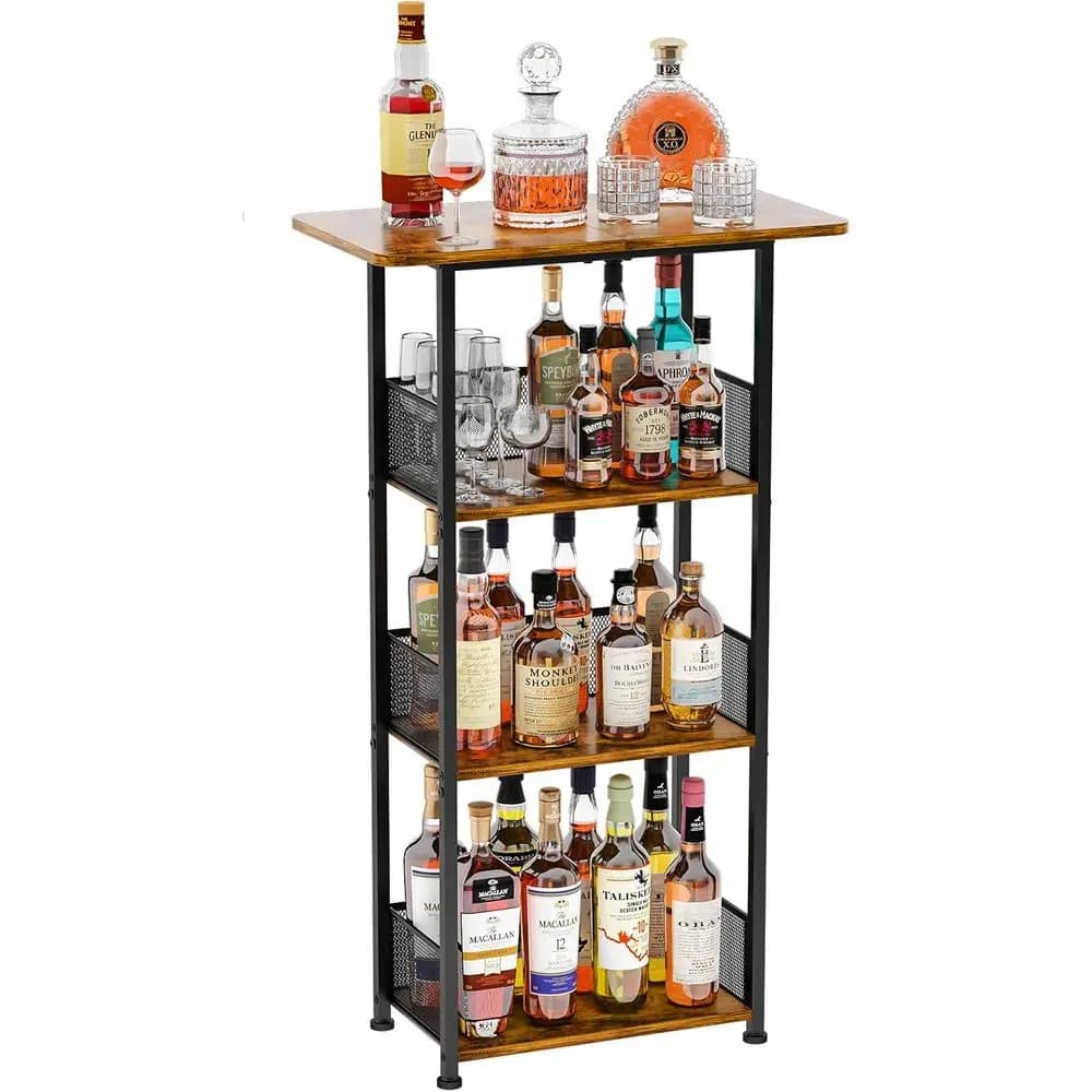 Portabottiglie da terra a 4 livelli: Carrello portabottiglie per whisky e vino, mobiletto per liquori - per bar domestico o bottiglie, shaker per cocktail, tazze - (23,6)