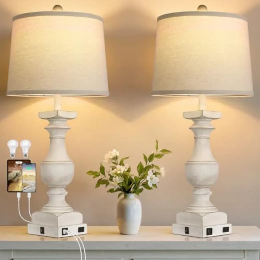 Lampada da Tavolo 28'' per Comodino Camera da Letto, Lampada Vintage da Comodino con Porta USB A+C, Lampada da Scrivania Stile Rustico con Paralume in Lino, Set da 2