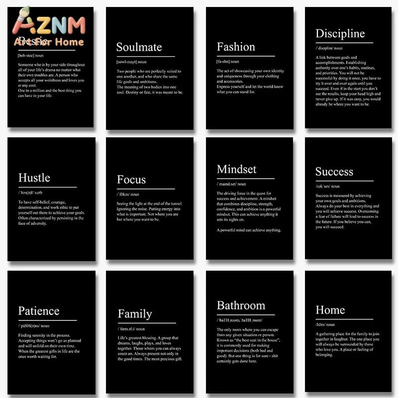 AZNM Minimalist Black Background Word Definition Canvas Wall Art Motivational Soulmate Success Family Text Print Unframed Canvas