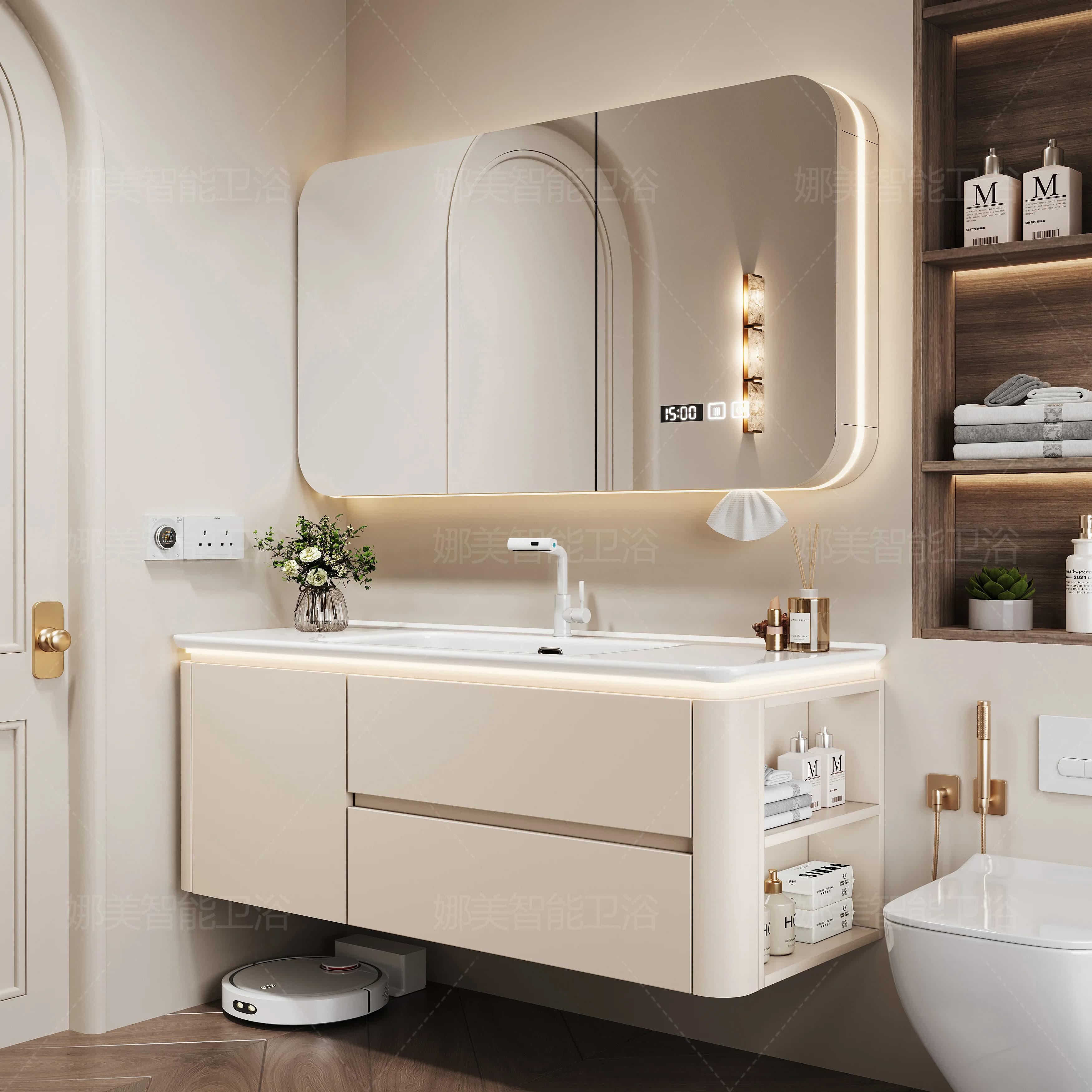 Combinazione di mobili per lavabo a mano con lavabo integrato in ceramica, mobiletto da bagno intelligente in legno massello
