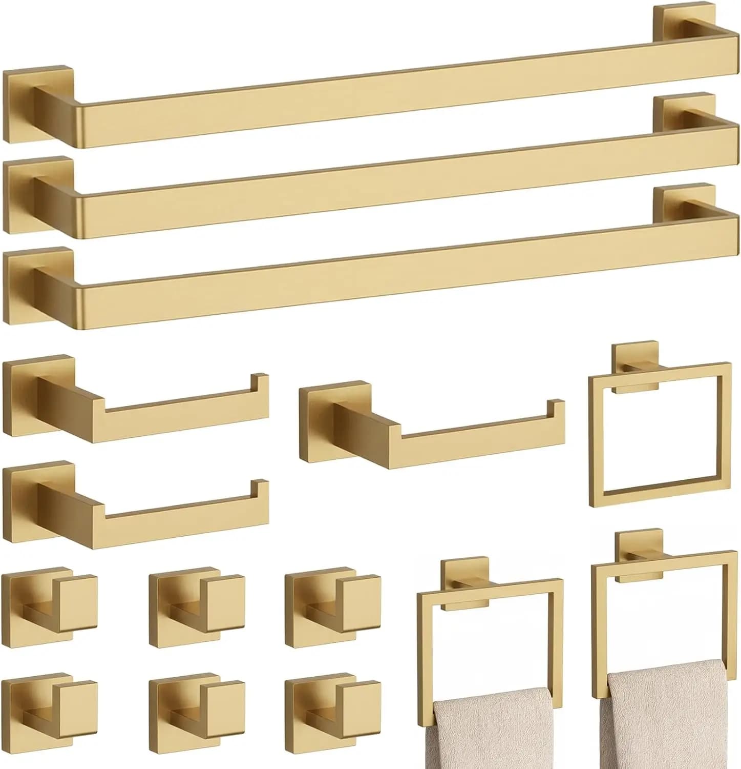 Set di accessori da bagno in oro spazzolato da 15 pezzi – Portasciugamani, anello, porta carta igienica e ganci, resistente alla ruggine, moderno