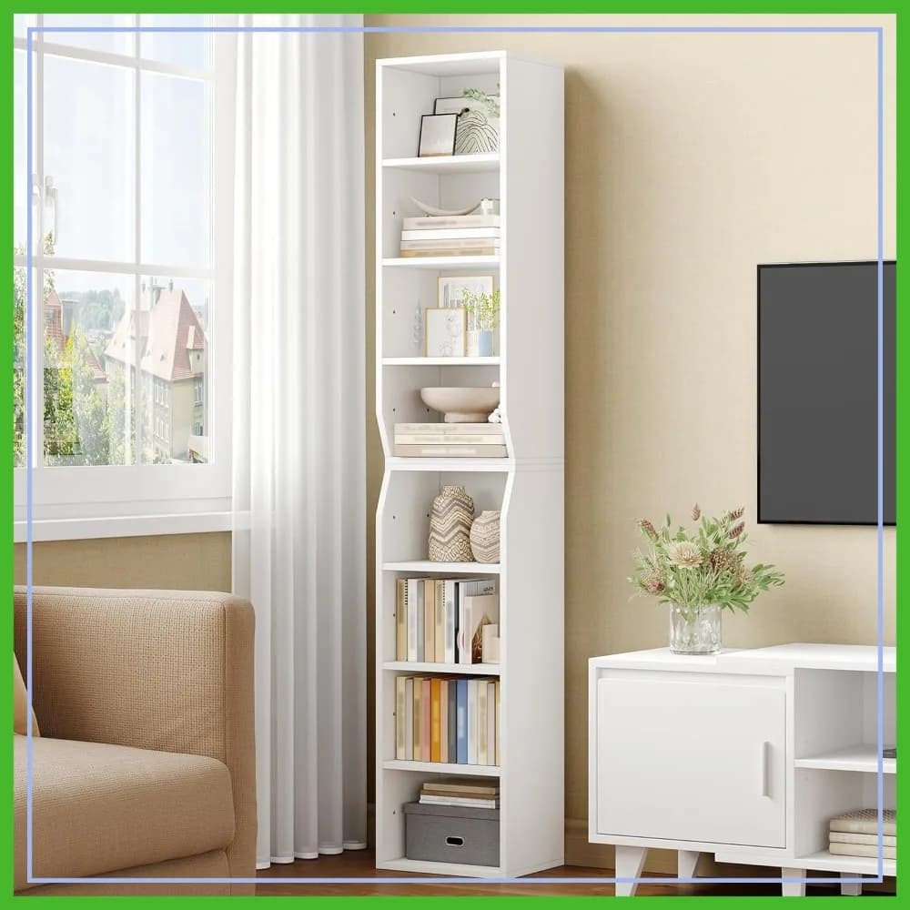 Libreria Alta e Stretta, Scaffale a 8 Ripiani, Organizzatore Cubico Regolabile, Espositore per Libri per Soggiorno, Ufficio, Camera da Letto