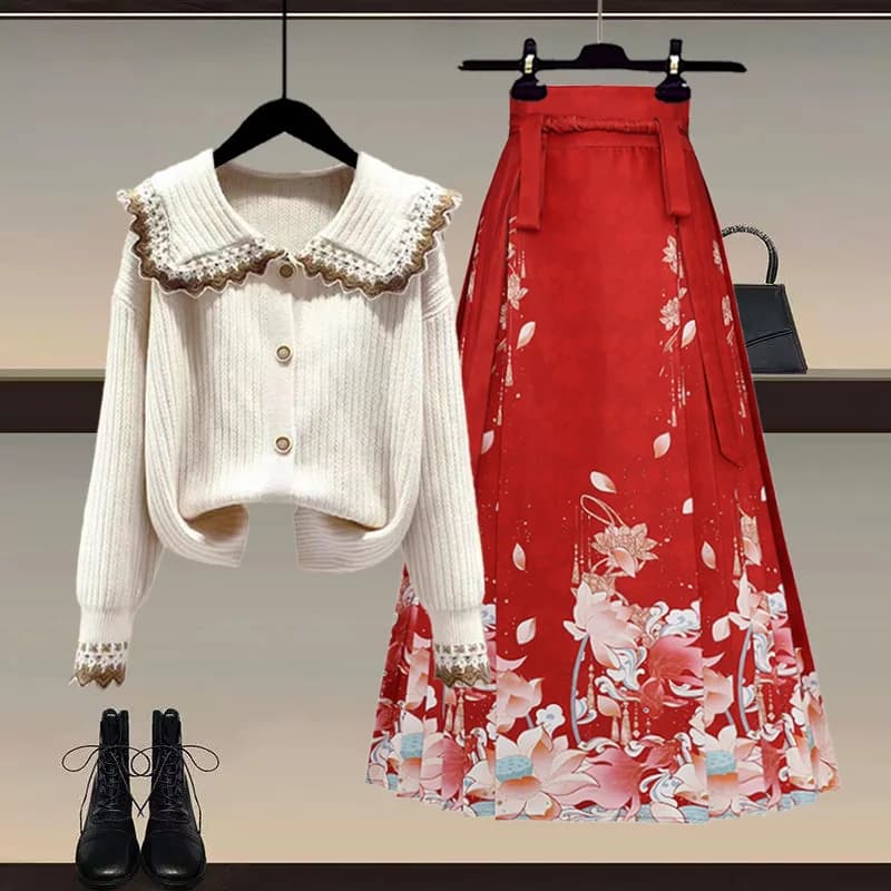 Set maglione lavorato a maglia e gonna Hanfu per Capodanno per donna Inverno Nuovo arrivo Colletto per bambola in due pezzi Faion Ensemble Long Sve