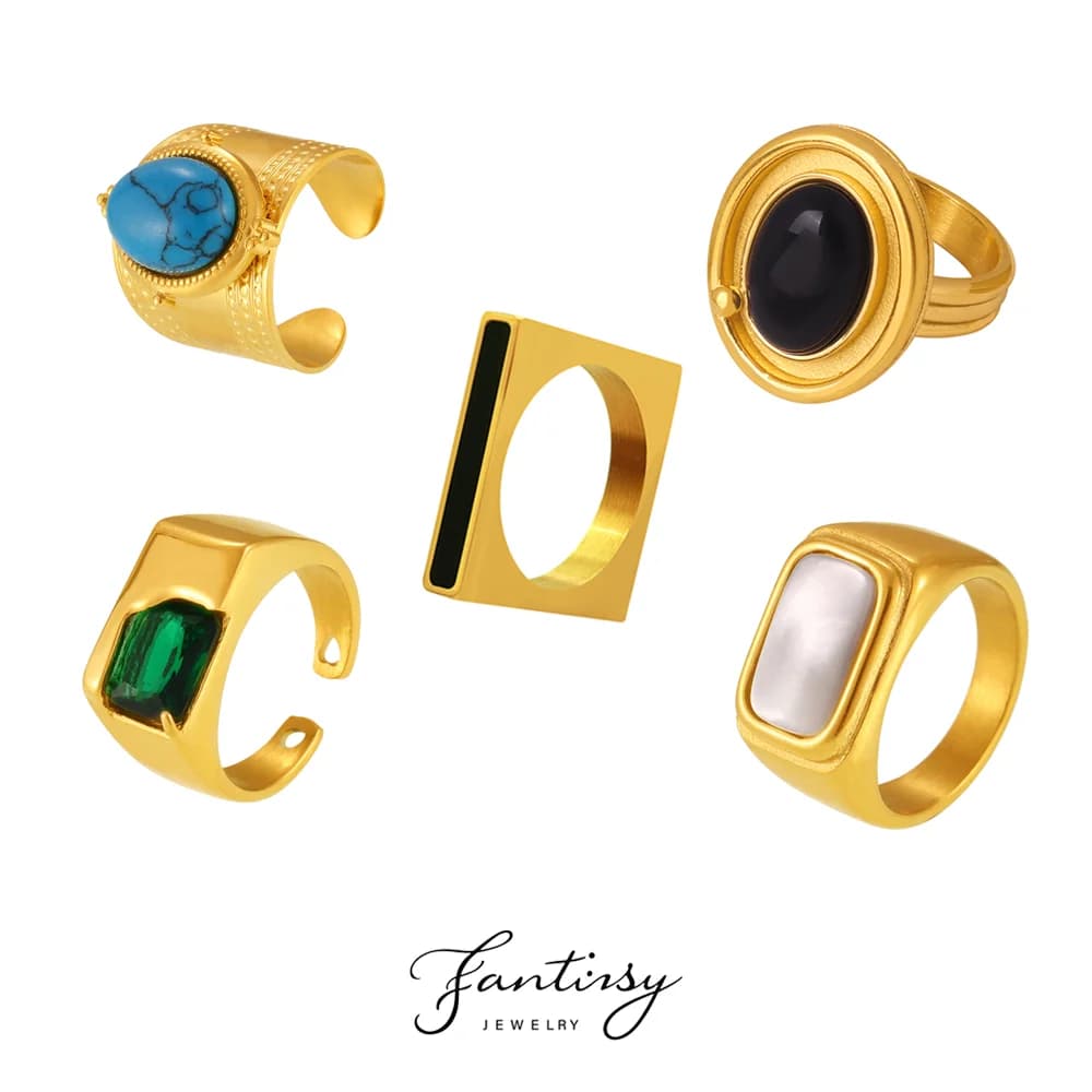 Multi Styles 316L Stainless Steel Gold Plated Ring Women's Fashion Turquoise Zirconia Natural Agate Square Ring Luxury Jewelry