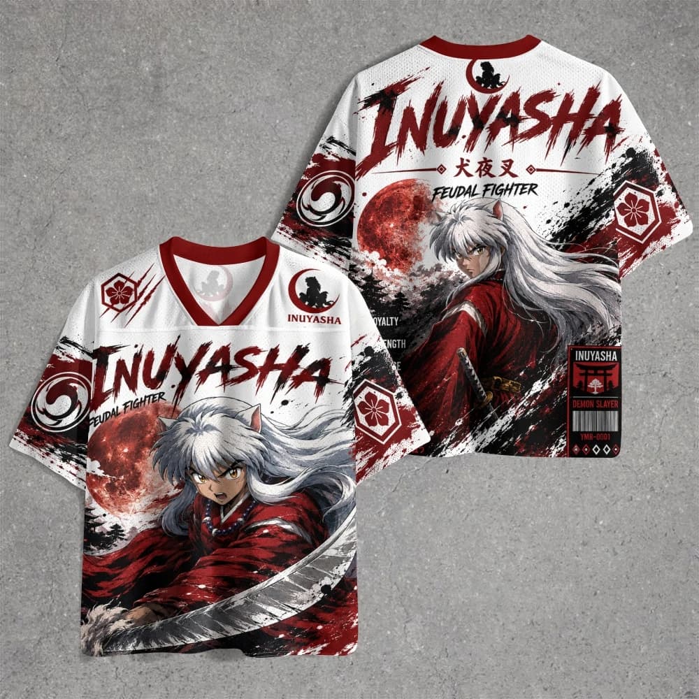 Latest Red Moon Ink Inuyasha Atmosphere Jersey V-neck Loose Sports Large Size Loose Breathable Versatile T-shirt