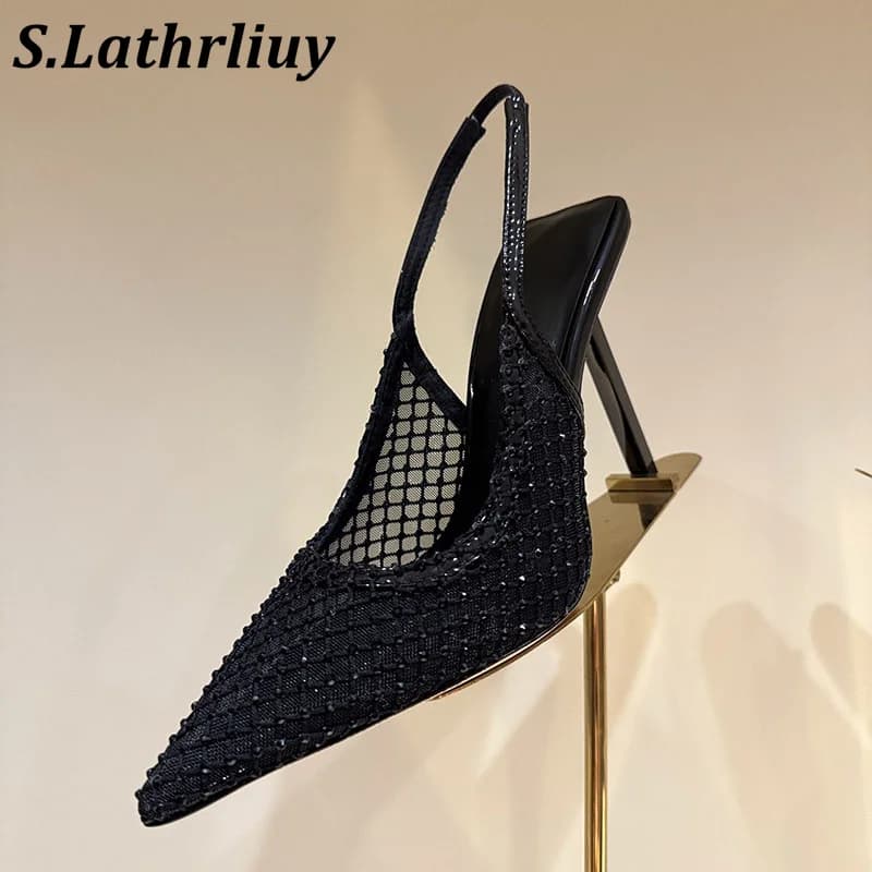 Sandals women's summer new pointed fishing net hollow design crystal decoration sandals solid color party fashion high heels