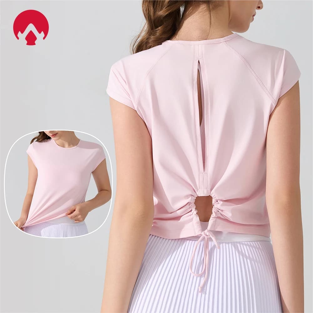 Top sportivo da donna T-shirt a maniche corte con bella schiena, protezione solare UPF50 cava traspirante, abbigliamento sportivo per yoga fitness da corsa