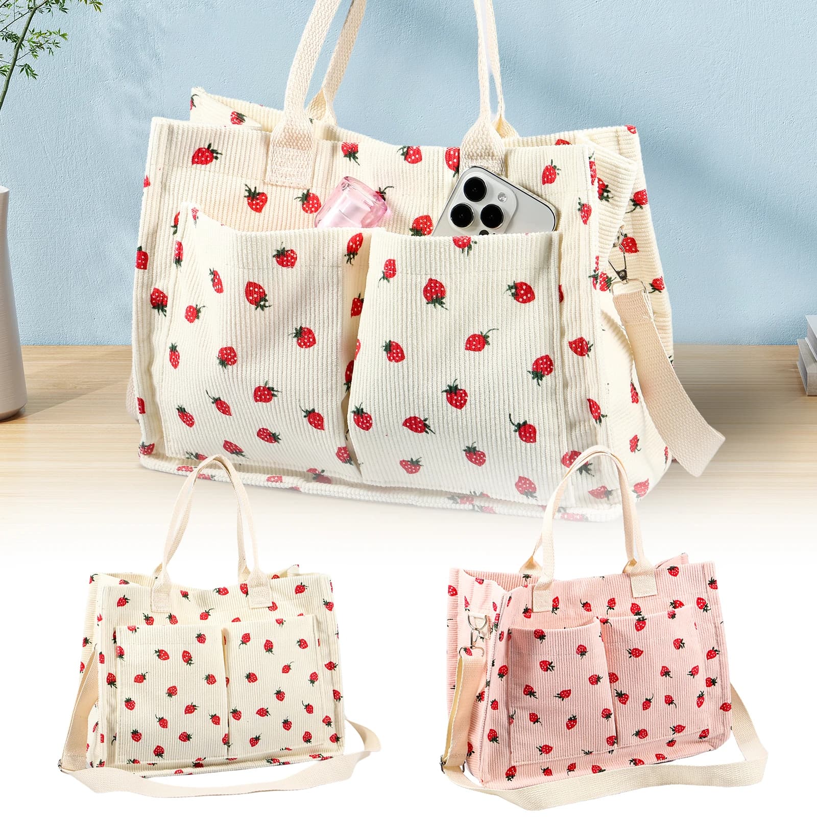 Nice bag with strawberry patch for women Large Capacity Fabric Tote Bag Durable with adjustable shoulder