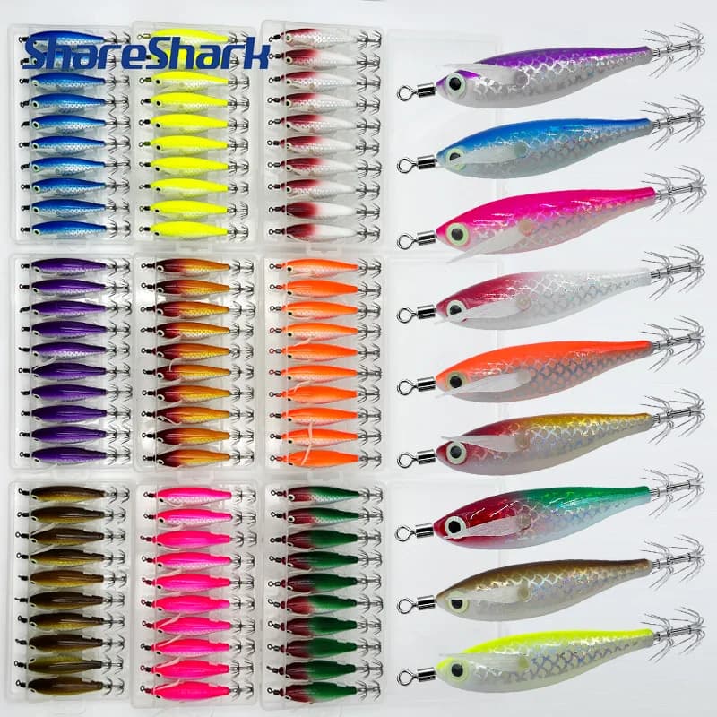 ShareShark 10pcs/box Glow Squid Jig Hook Saltwater Fishing Bait Wood Shrimp Lures Sea Fishing Octopus Cuttlefish Squid Lure