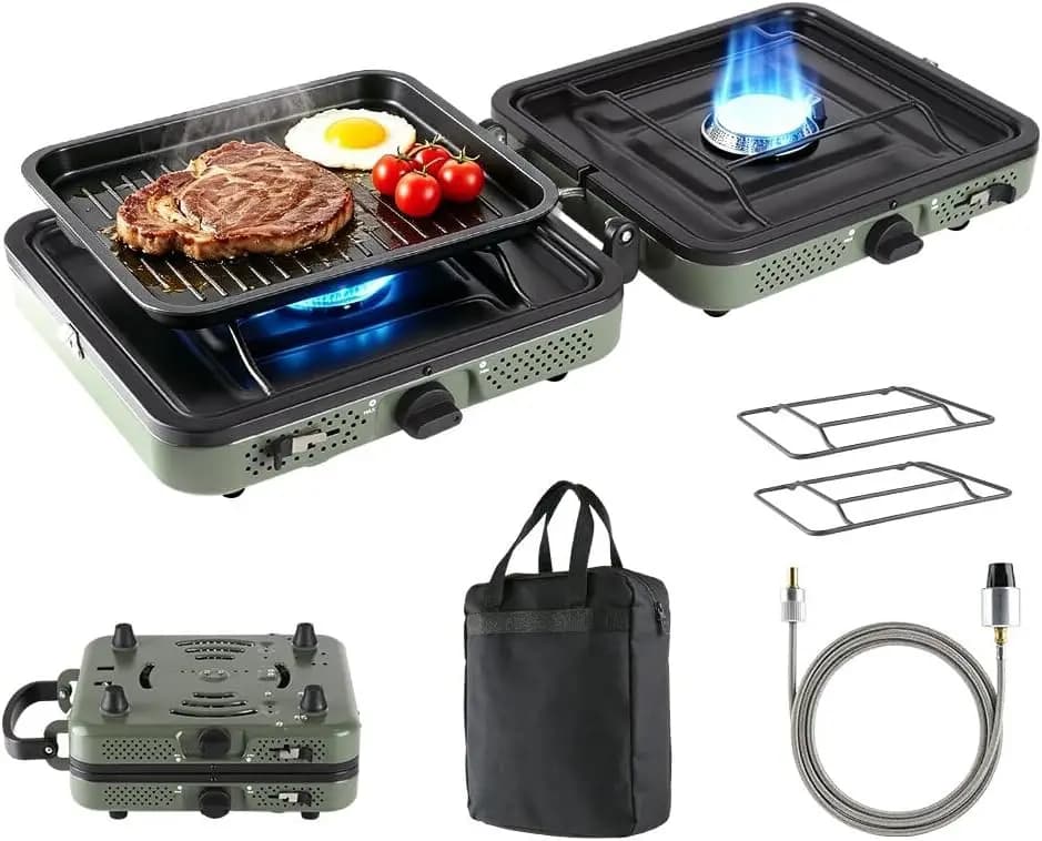 Portable 2-Burner Propane Camping Stove - 17200 BTU, Family Camping Essentials, Cook and Barbecue Simultaneously, Green