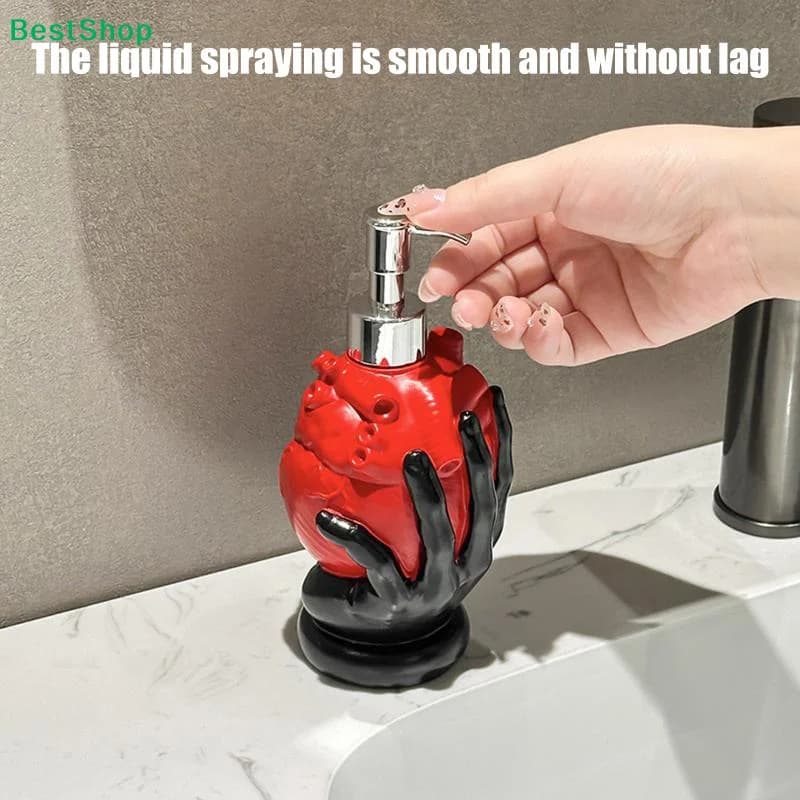 ☪ Dispenser di Sapone a Forma di Cuore Anatomico con Base Nera, Bottiglia per Lozione in Resina Stile Gotico per Arredo Bagno