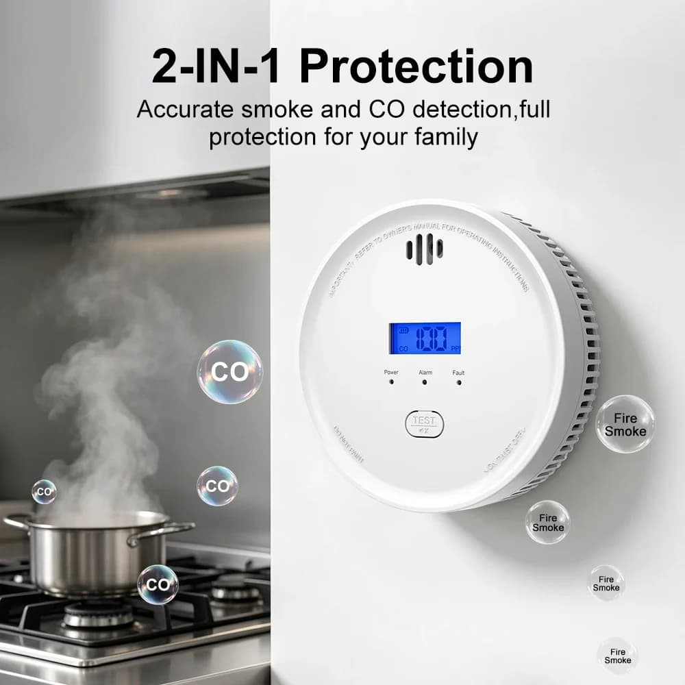 Rilevatore di Fumo e Monossido di Carbonio 2 in 1 Certificato CE, Alimentato a Batteria, Allarme 85dB, Rilevatore Fotoelettrico per Casa, Cucina, Camera da Letto