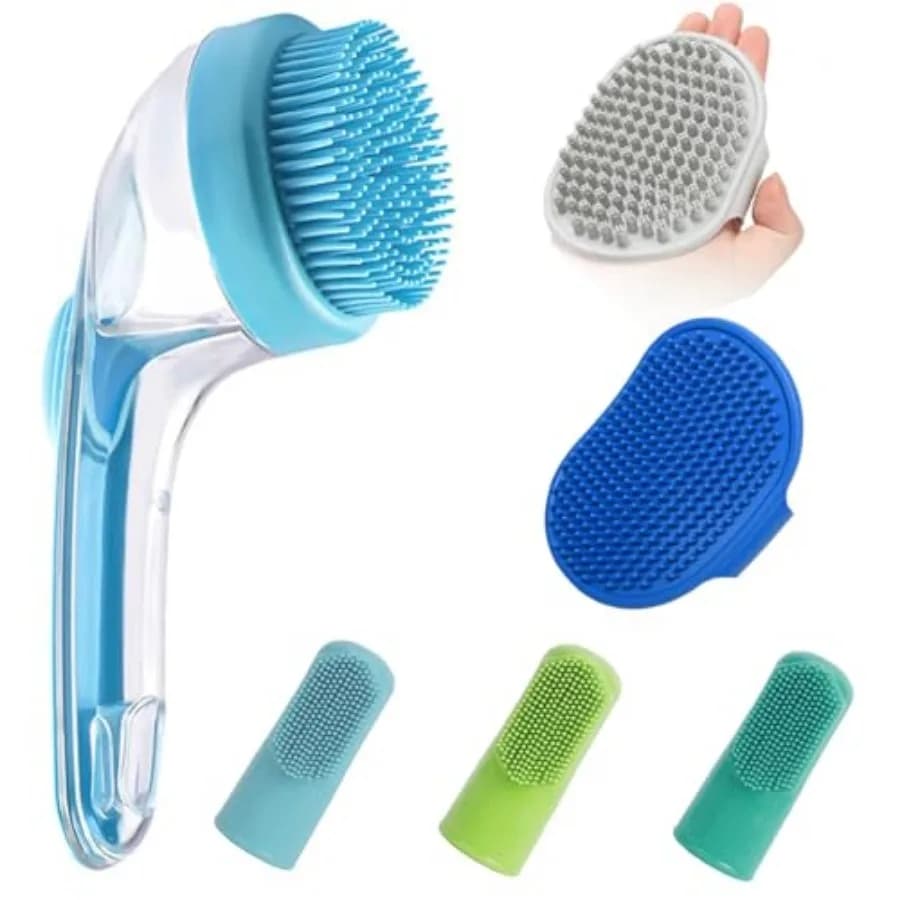 Set di 6 Spazzole per Toelettatura e Massaggio per Animali Domestici con Dispenser di Sapone e Shampoo, Setole Morbide in Silicone per Cani e Gatti a Pelo Lungo e Corto