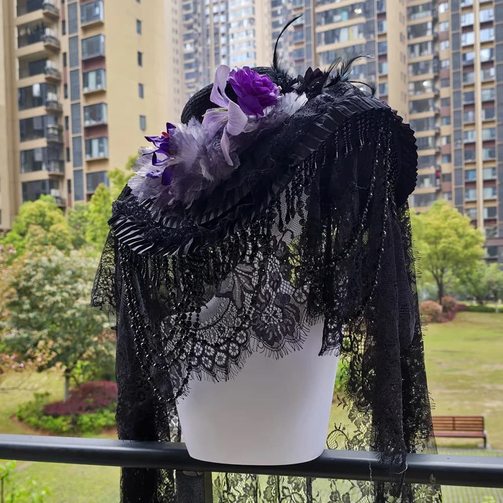 Cappello da Mago Steampunk Fatto a Mano con Laccio Vintage e Fiocco, Costume Gotico Lolita per Adulti, Cappello a Secchiello per Feste di Halloween NJMKO8796