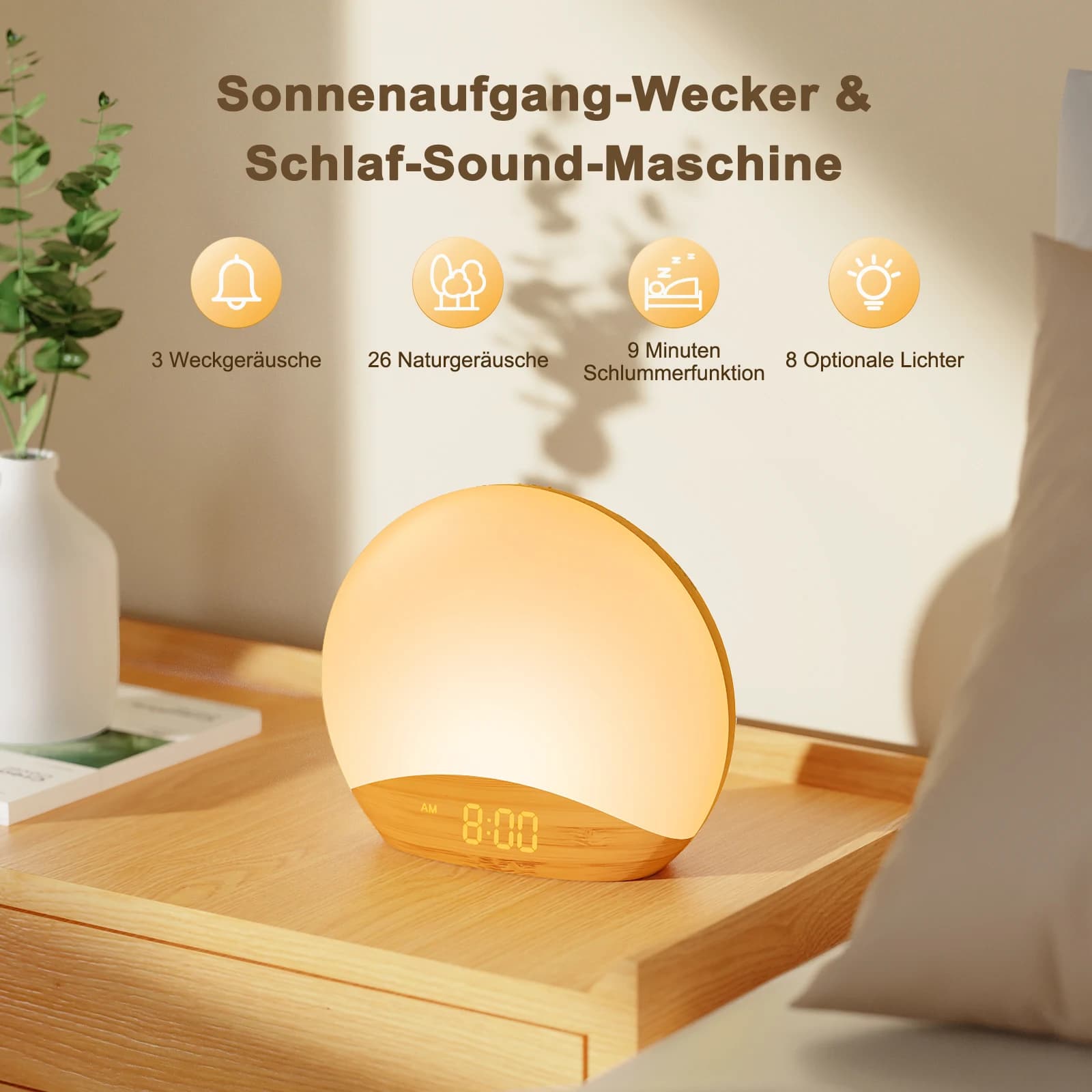 Sveglia Sunrise con venature del legno e luce notturna della macchina del suono, orologio digitale dimmerabile per camera da letto, 26 suoni del sonno, per bambini, adulti, bambini