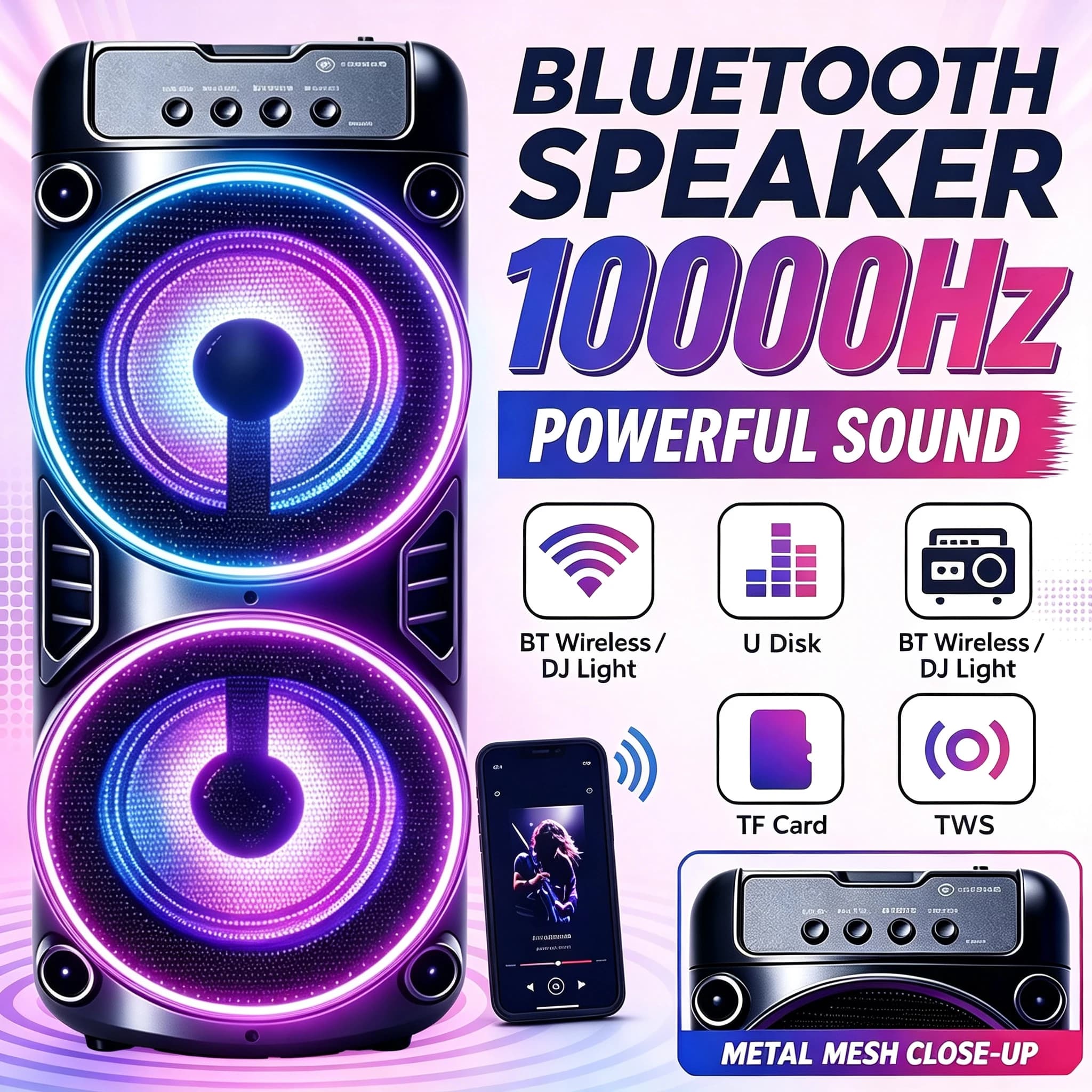 Professional Large Bluetooth Speaker Portable Design, Featuring JBL Subwoofer Party Box, LED Lights, Compatible with BT/USB/TF/AUX/FM/TWS/MIC/EQ Functions, Professional Karaoke. Ideal Gift for Birthdays, Christmas, and New Year