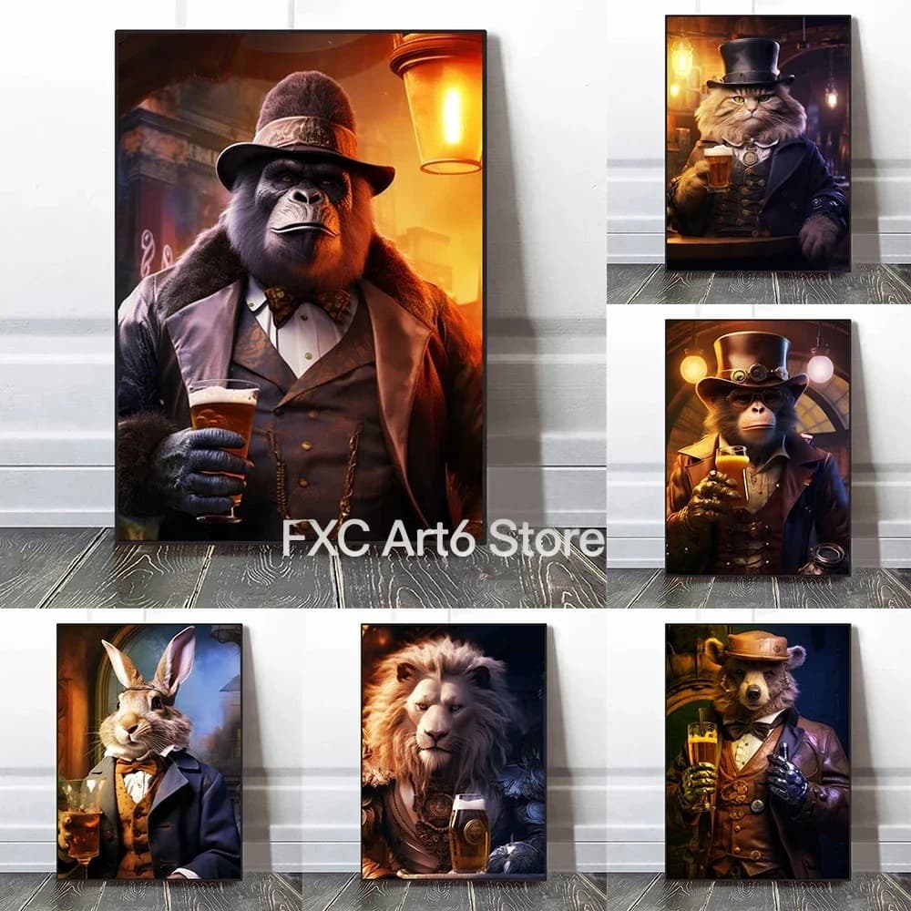 1PC frameless Animal Suit Gentleman Drinking Poster Gorilla Lion Rabbit Beer Pictures Funny Bar Wall Art Canvas Painting Home De