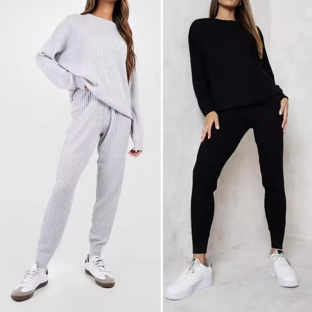 2 Pieces Set Women Knitted Tracksuit O-neck Sweater + Granny Pants Sweater Set Female Knitted Suit Homewear Sweater