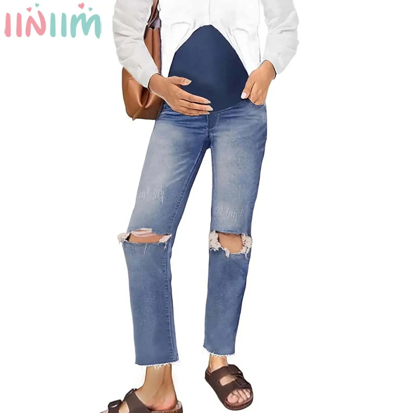High Waist Maternity Fashion Strap Jeans with Elastic Above the Bread, Casual Denim Pants for Work and Shopping