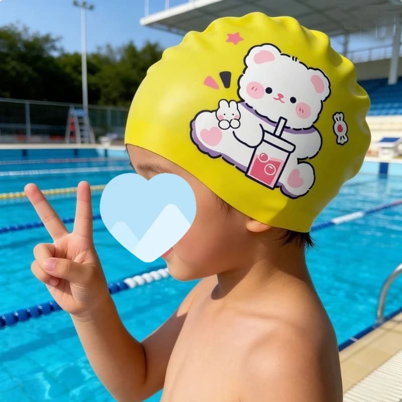 Student swim cap waterproof for boys and girls, summer cartoon bear swimming silicone cap, outdoor fun waterproof cap