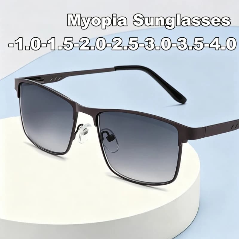 Men's Business Myopia Sunglasses Stylish Metal Square-Frame Nearsighted Glasses Gray Lenses Outdoor Classic and Trendy Goggles
