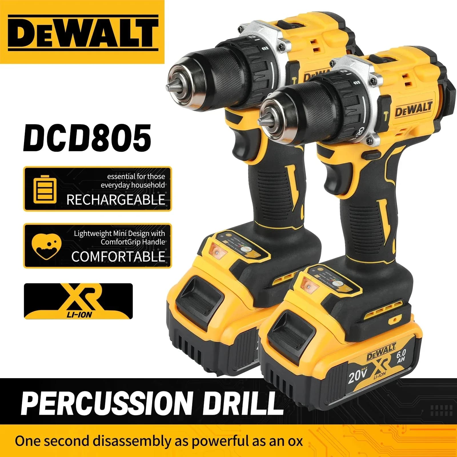 Batteria al Litio Originale DEWALT 20V DCD805, Trapano Avvitatore Elettrico Compatto Brushless Ricaricabile