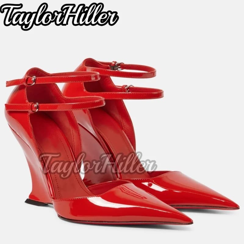 Red Patent Leather Wedges Sandals Strappy Buckles Black High Heels Women Pointy Toe Shallow Cover Heel Spring Summer Shoes 2026