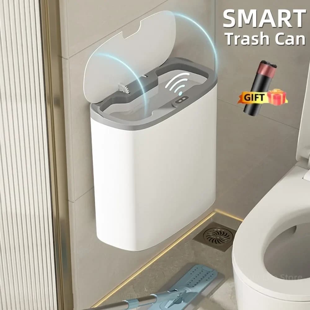 Cestino Intelligente da Bagno da 13L con Sensore, Montaggio a Parete, Impermeabile, Stretto, per Carta e Rifiuti, Pattumiera Automatica