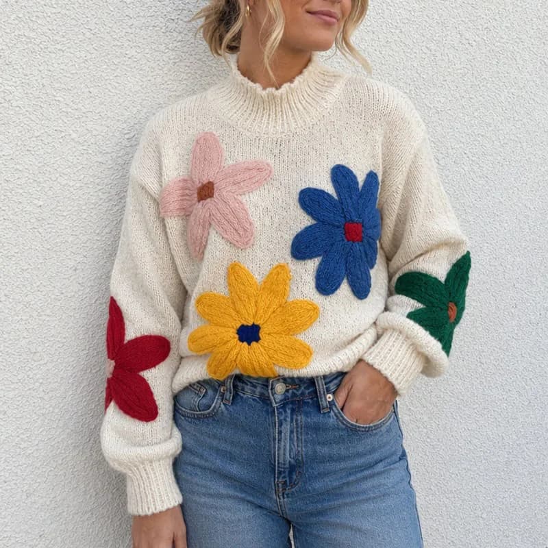 Women Colorful Flower Crochet Sweater French Autumn Casual Fashion Loose Coarse Needle Half High Neck Knitted Jumpers Tops