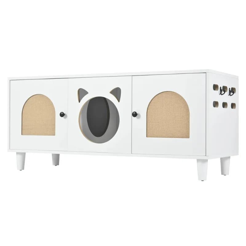 Furniture Style Cat Cabinet Cream White Cat Litter Box With Sisal Scratching Door Cat Friendly Furniture