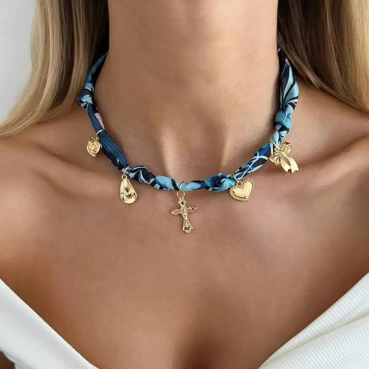 IngeSight.Z Unique Creative Blue/Green Scarf Ribbon Chokers Necklace Women Boho Sun Moon Heart Cross Pendant Necklace Jewelry