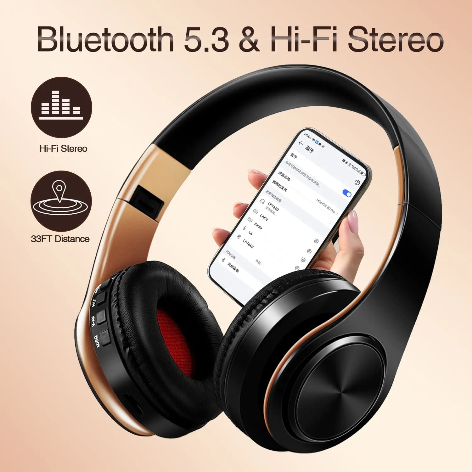 Regalo da uomo Cuffie wireless dorate Auricolare Bluetooth Auricolare stereo Gioco con microfono incorporato con universale per Android e iOS