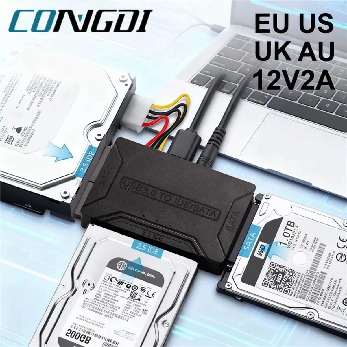 Adattatore SATA a USB 3.0 con alimentatore 12V 2A, cavo adattatore SATA a USB per SSD HDD 2.5"/3.5" Disco Rigido Esterno