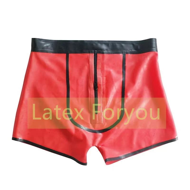 Natural Latex Men's Sexy Boxer Short Red with Black Trim Gummi Latex Male Underpants with Front Zip Latex Panties Cosplay Party