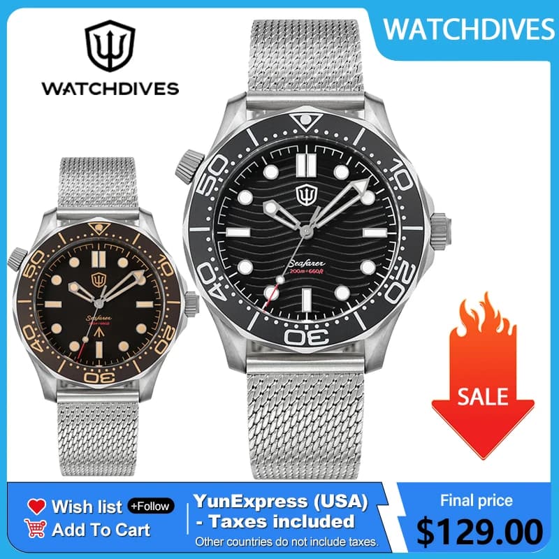 Watchdives 42 mm NTTD VH31 titanium underwater watch with quartz movement with smooth seconds, waterproof up to 200 m, super bright men's watches