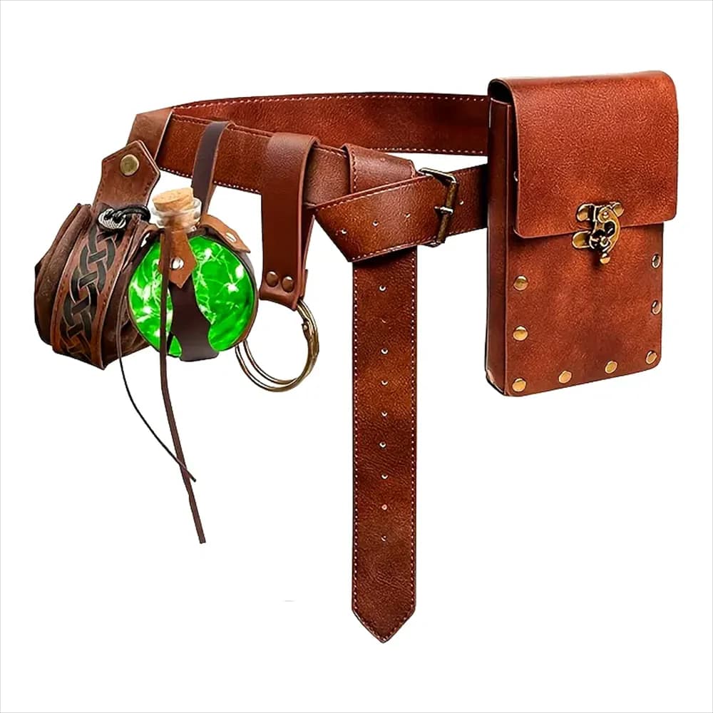 Medieval Belt Copper Money Waist Bag Renaissance Dark Cork Lace Magic Bottle Set with Glass Magic Bottle Role Playing Halloween