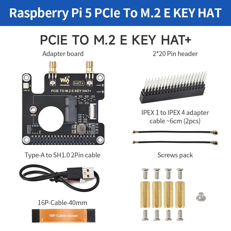 PCIe a M.2 E KEY HAT + card compatible with NGFF (key M.2 E) Support NIC wireless Bluetooth USB connection for Raspberry Pi 5