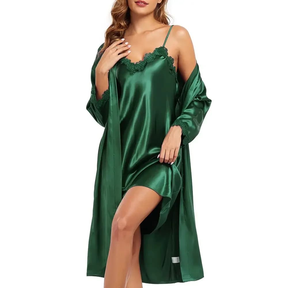Set Camicia da Notte in Raso per Donna con Vestaglia, 2 Pezzi, Sexy Set Vestaglia in Raso, Abbigliamento da Notte da Sposa, Camicia da Notte con Scollo a V