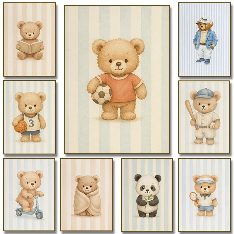 2026 Blue Stripes Panda with Bamboo Teddy Bear Tennis Basketball Reading Book Poster Print Diamond Painting Sports Nursery Hom