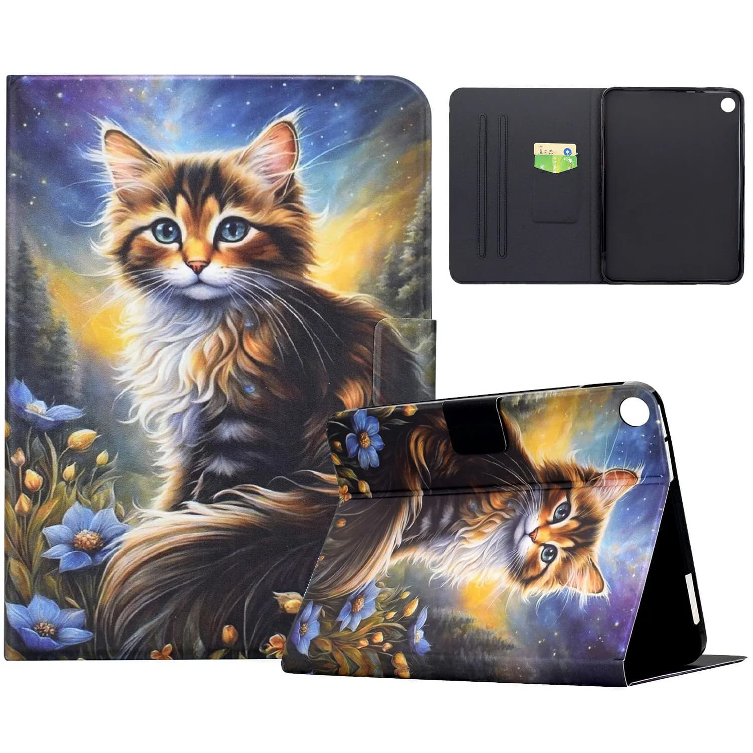 Custodia per Samsung Galaxy Tab A9 con stampa fantasia, supporto e slot per carte - Gatto Notte Stellata